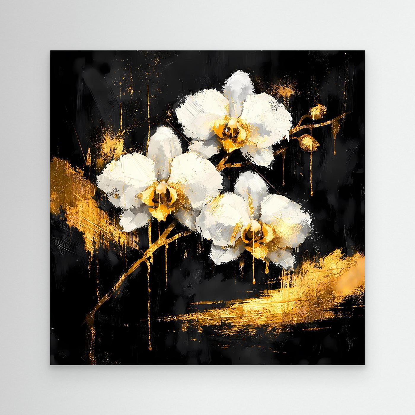 Leinwand Elegante Orchideen in Gold und Schwarz | Modernes Florales Luxus Wandbild