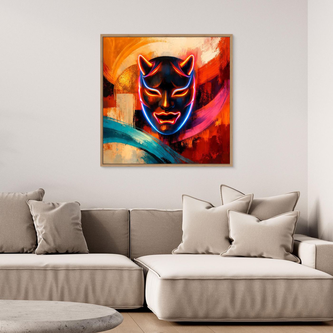 Gerahmtes Leinwandbild: Oni-Maske im Neon-Look mit leuchtend blauen Augen und rotem Farbverlauf