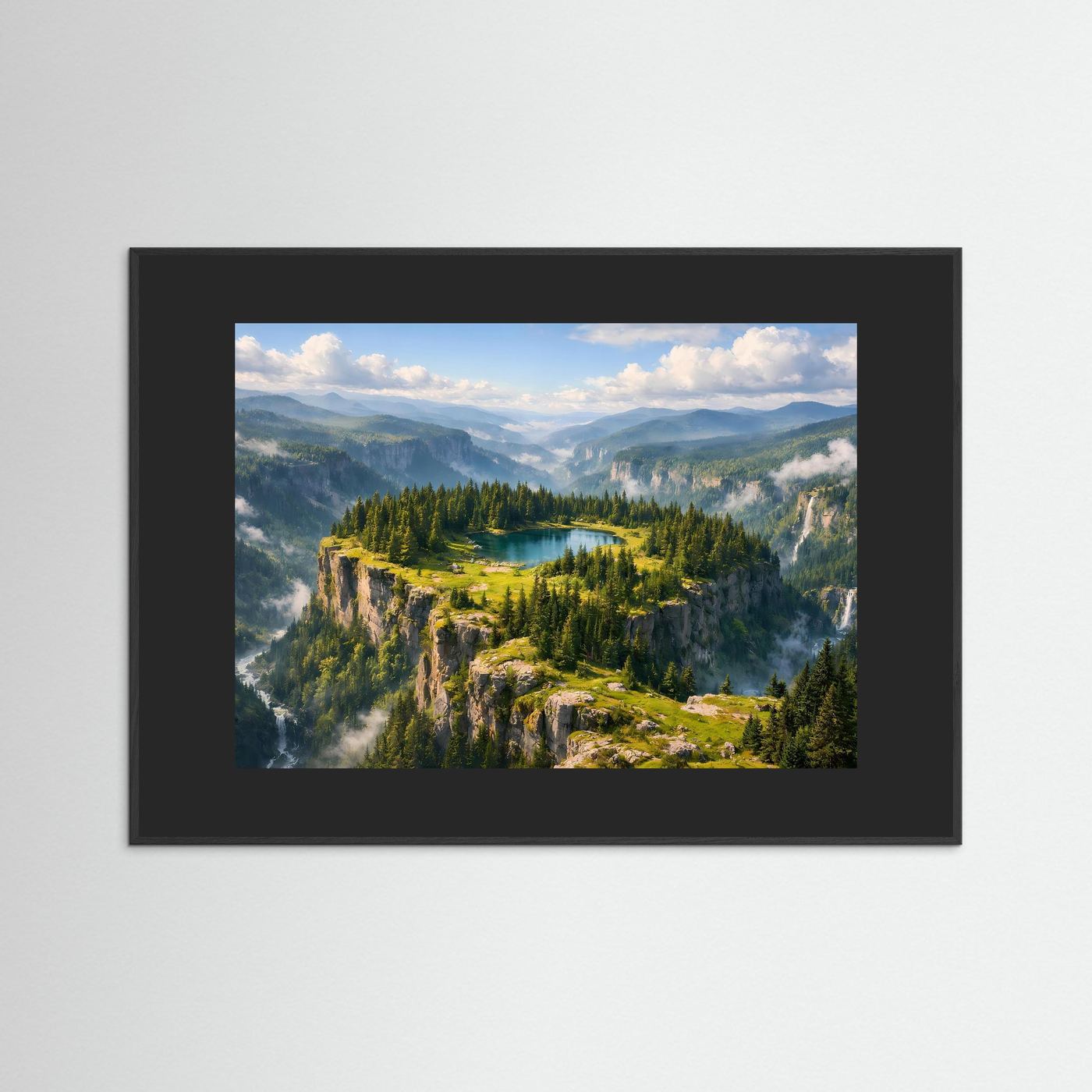 Wandbild-Poster mit Bergsee-Landschaft und anthrazitfarbenem Rahmen