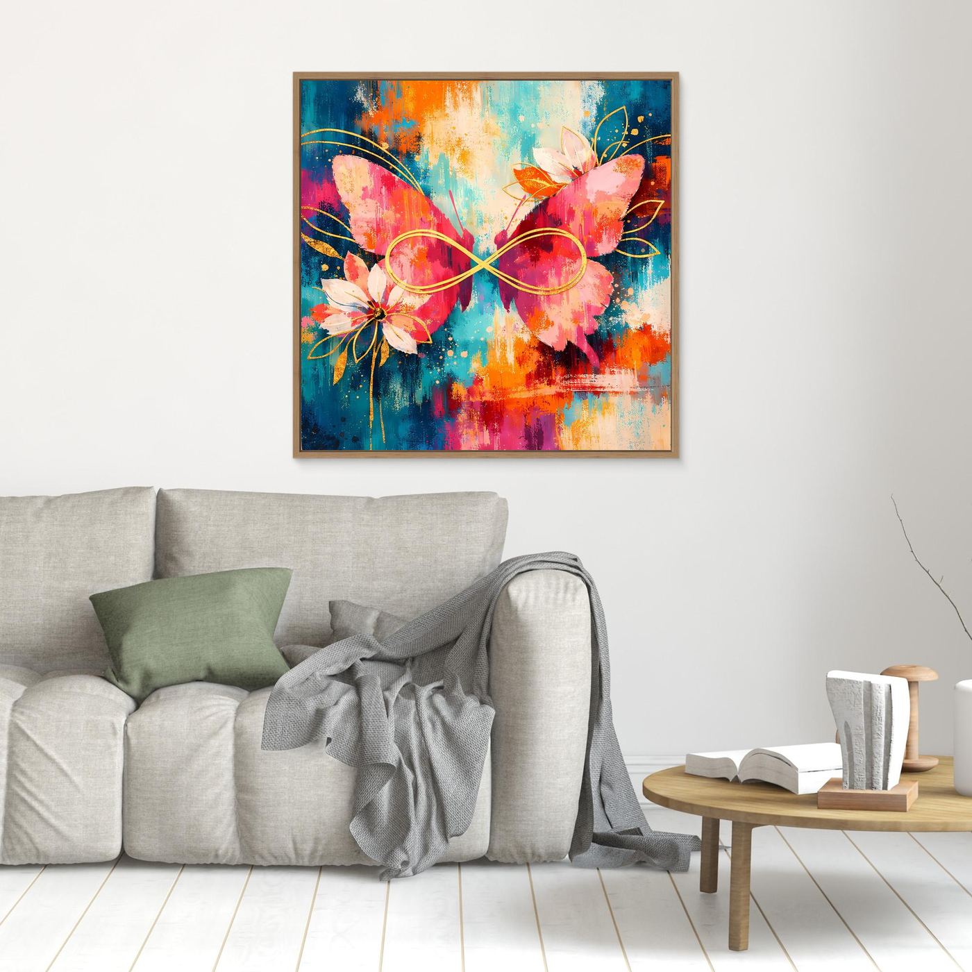 Abstraktes Leinwandbild mit Schmetterlingen, Blüten und Unendlichkeitszeichen, mit Holzrahmen.