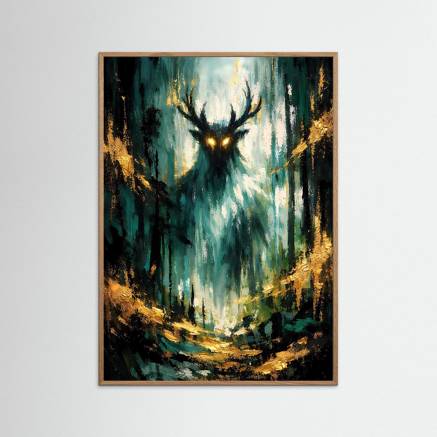 Waldgeist-Poster im dunkelbraunen Holzrahmen, leuchtender Hirschkopf in Gold und Smaragdgrün