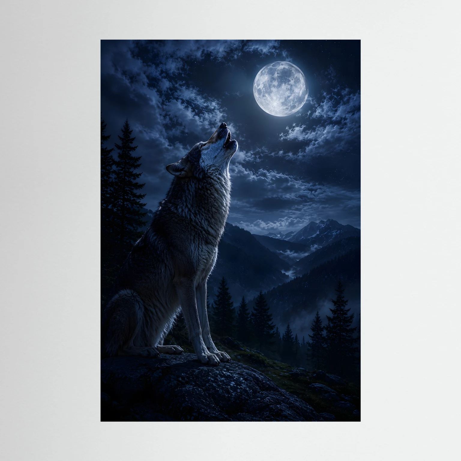 Hochformat-Wandbild: heulender Wolf auf Fels bei Vollmond über Wald und Bergen