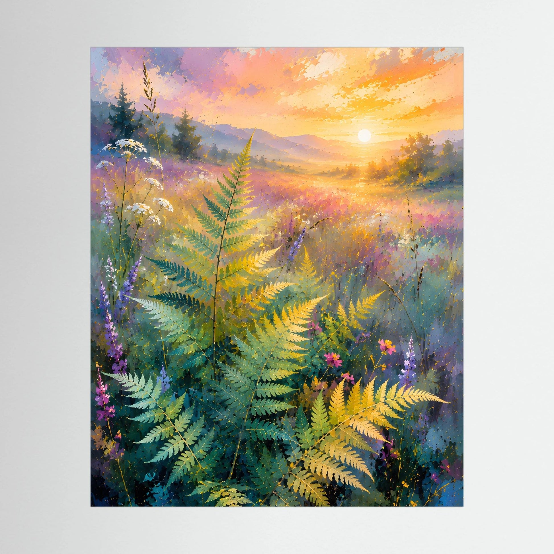 Naturposter im Hochformat mit abstrakter Farnlandschaft in Pastellfarben, goldener Morgenhimmel