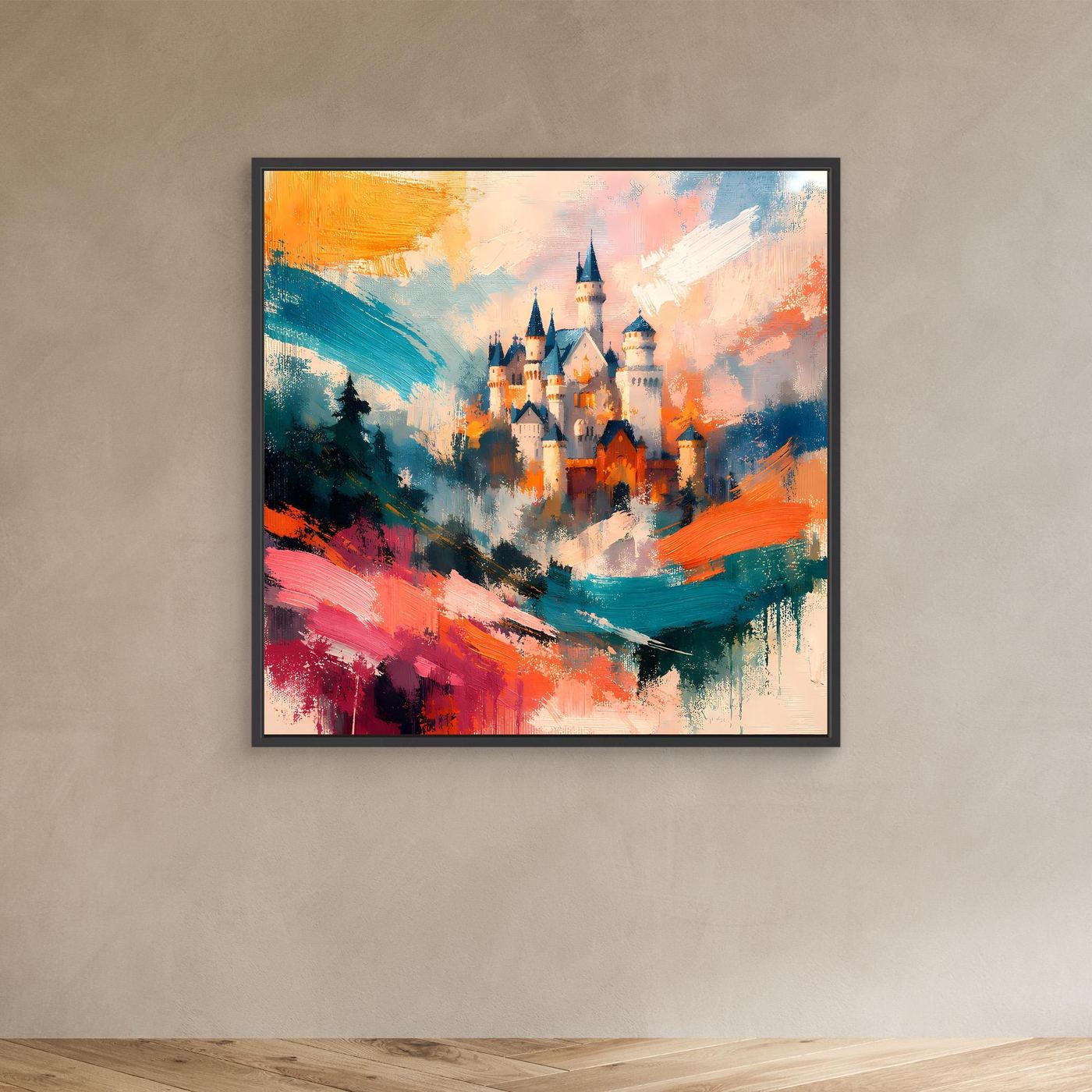 Premium Leinwand Märchenhaftes Schloss in abstrakten Farben | Modernes Castle Wandbild