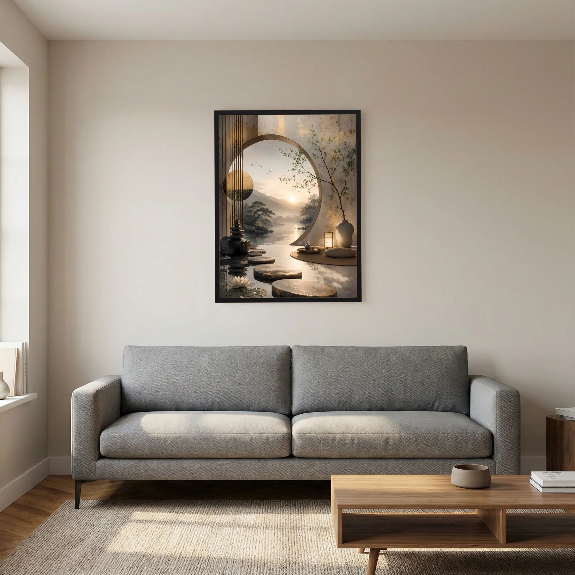 Hochformatiges Poster im schwarzen Rahmen über dem Sofa mit Zen-Garten-Landschaft und Lichtkreis.