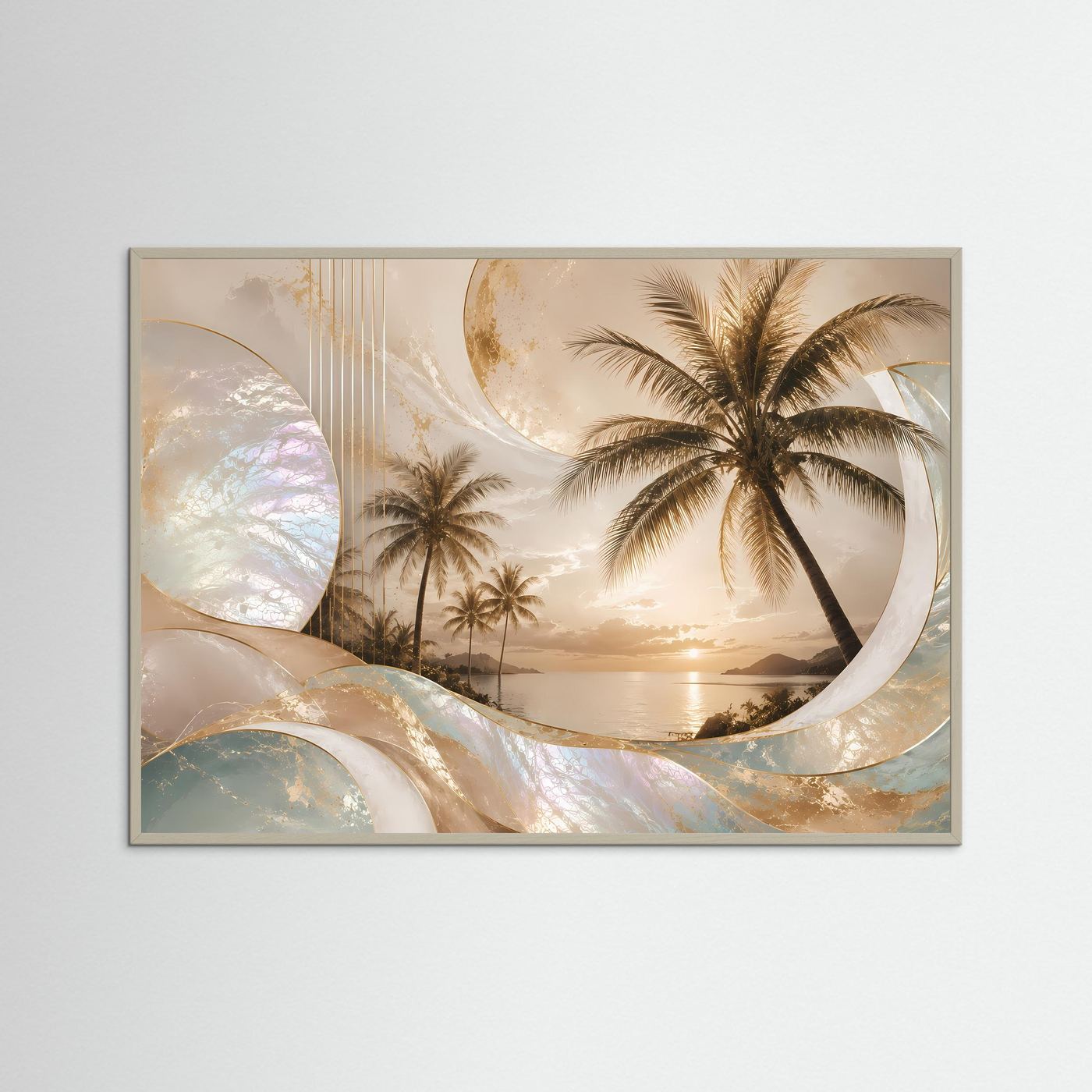 Poster Querformat mit Palmen und Sonnenuntergang, graubraun gerahmt
