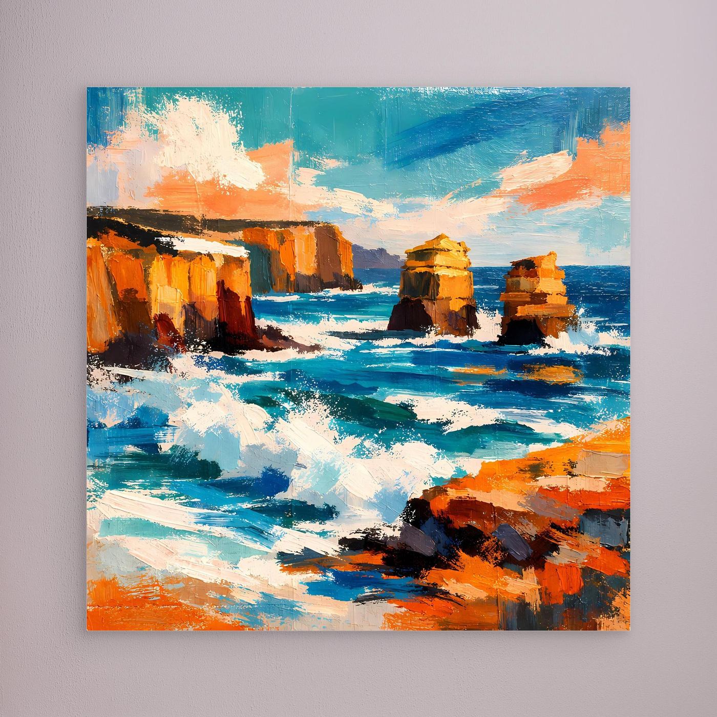 Wandbild mit abstraktem Küstenmotiv: türkisblaues Meer, orange Felsen, ohne sichtbaren Rahmen