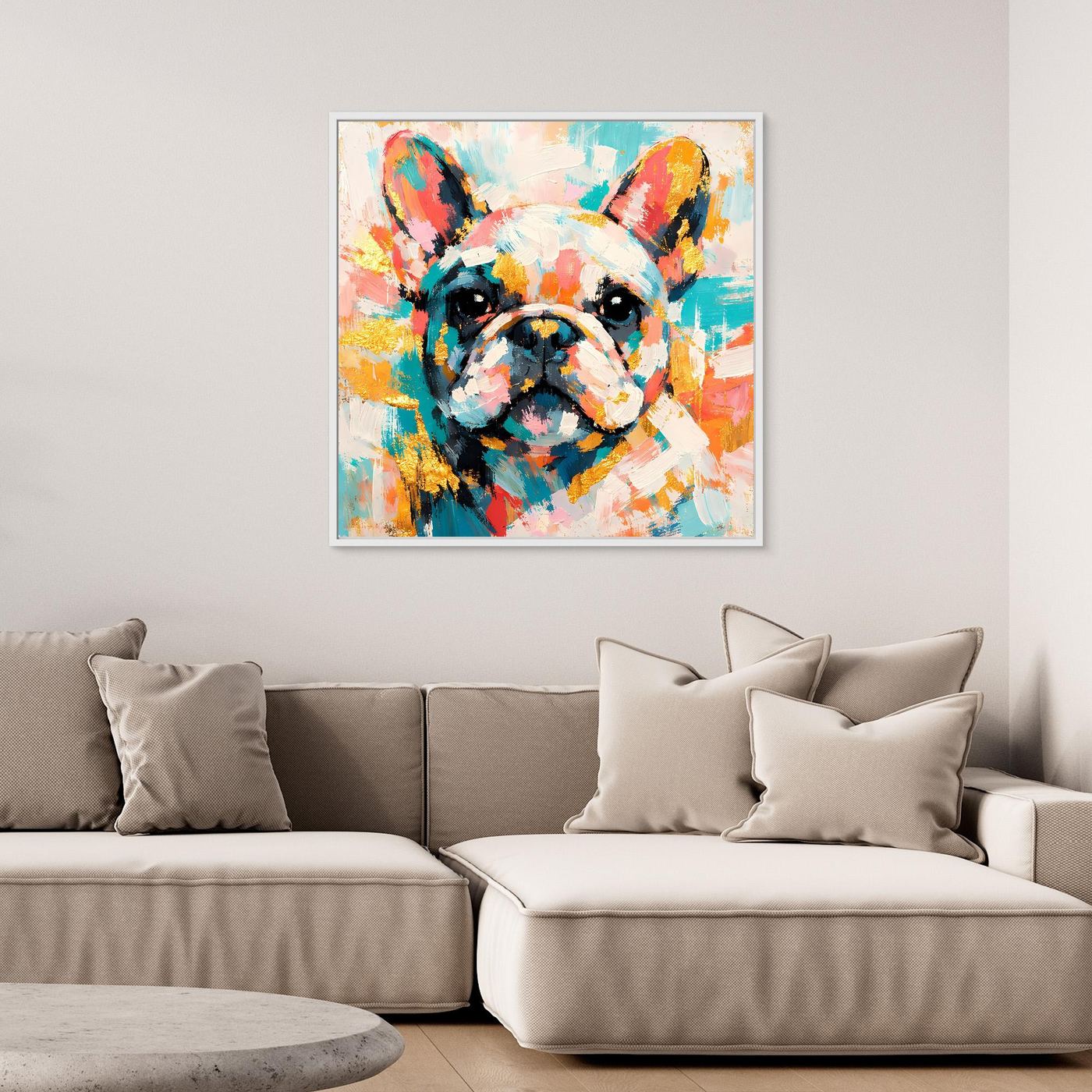 Leinwandbild Französische Bulldogge, abstraktes Farbporträt ohne Rahmen