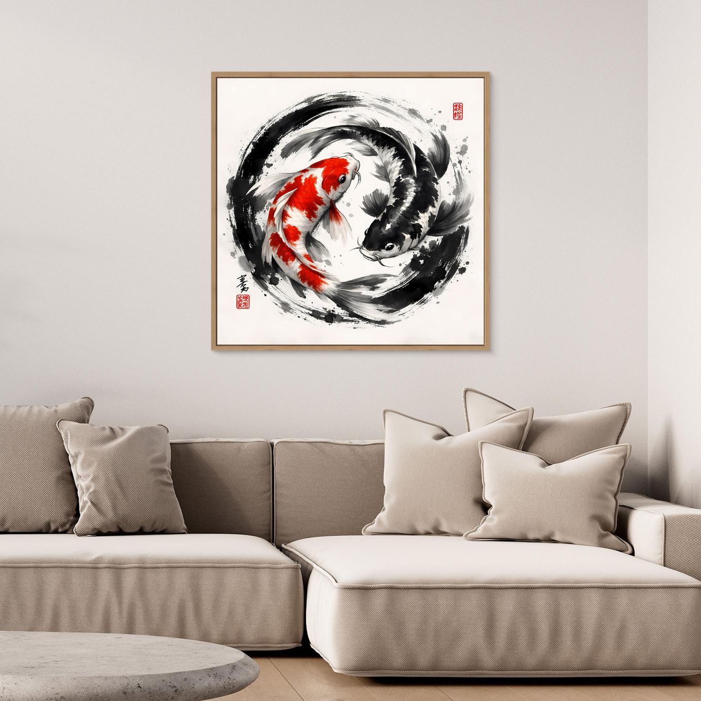 Leinwandbild mit Koi-Yin-Yang-Motiv: roter und schwarzer Karpfen im Kreis, mit Eichenrahmen.