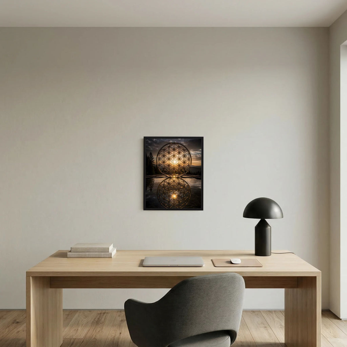 Wandposter mit goldener Blume-des-Lebens-Kugel, quadratisch