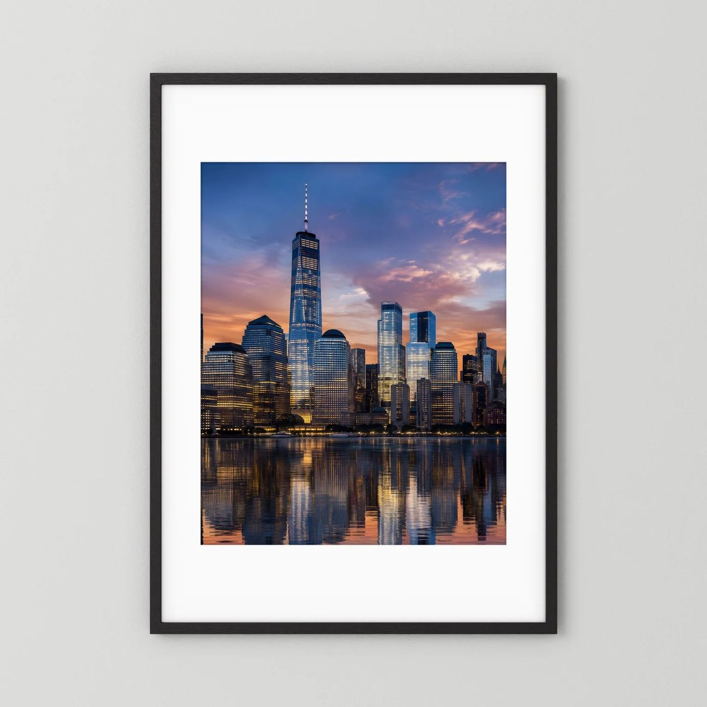 Hochformatiges Skyline-Poster im schwarzen Rahmen, Skyline mit Wasserreflexion