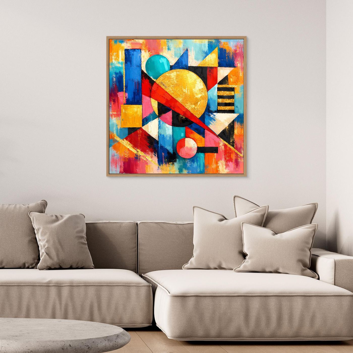 Leinwandbild mit Holzrahmen, abstrakte geometrische Formen in Rot, Blau und Gelb