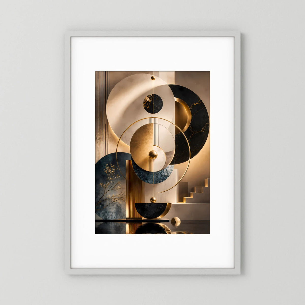 Vertikales Poster mit abstrakten goldenen Kreisen in Schwarz, Beige und Petrol im hellen Rahmen