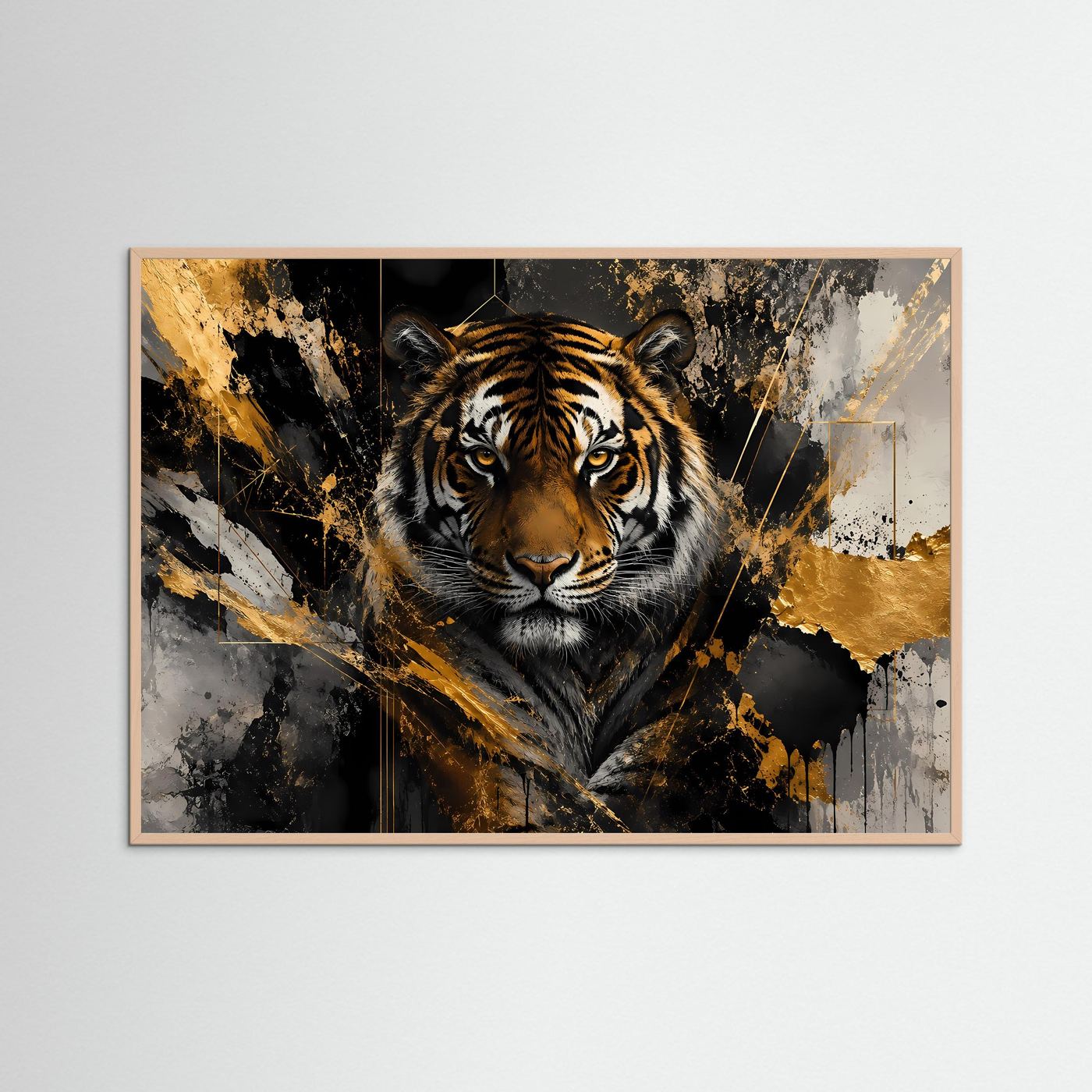 Tiger-Kunstposter mit goldenen Spritzakzenten, im rosafarbenen Rahmen