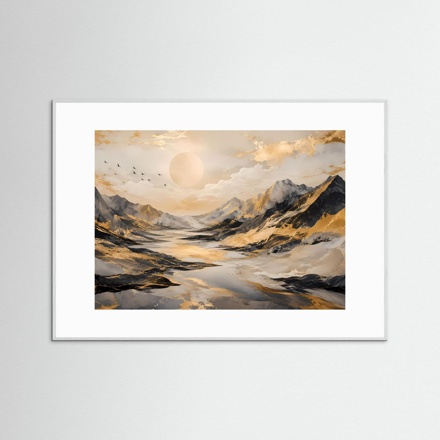 Abstrakte Berglandschaft mit Goldakzenten | Modernes Poster in Schwarz, Weiß & Gold | Edles Wandbild Querformat
