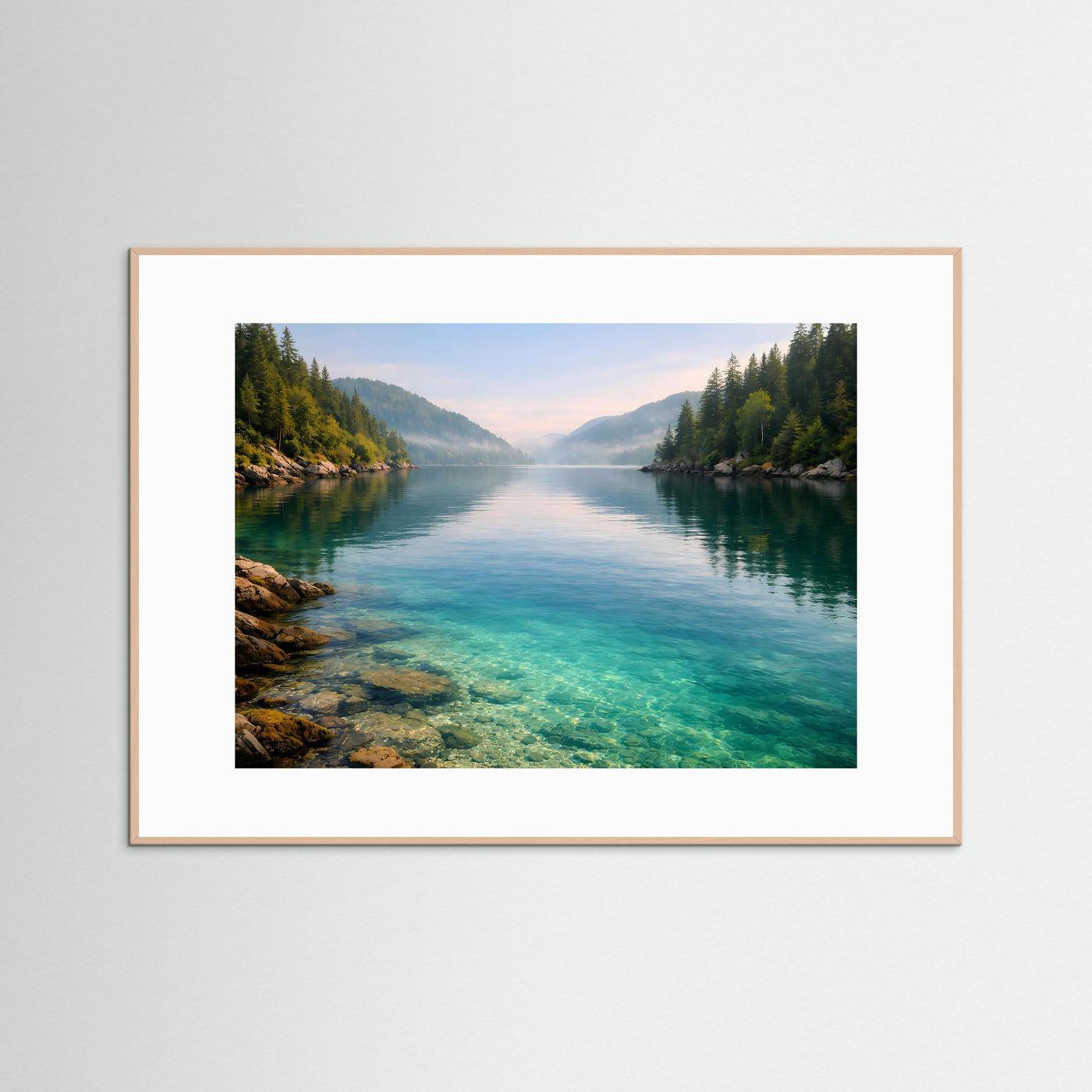 Kristallklarer Bergsee im Morgennebel | Natur & Landschafts-Poster Querformat