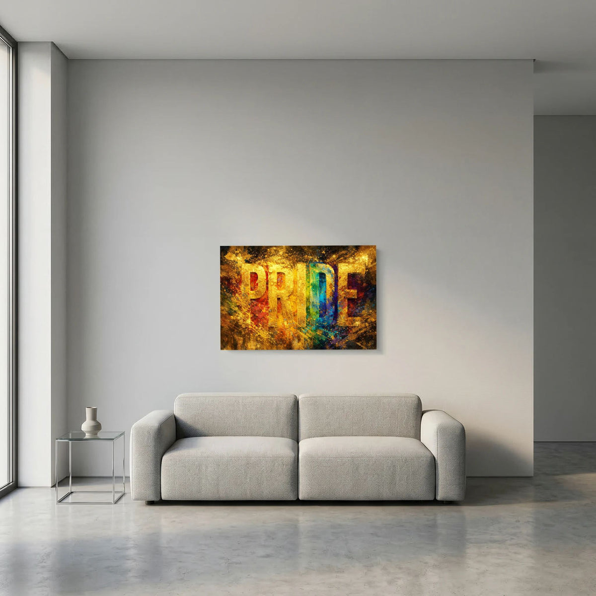 Wandbild im Querformat mit goldfarbenem PRIDE-Motiv auf heller Wand