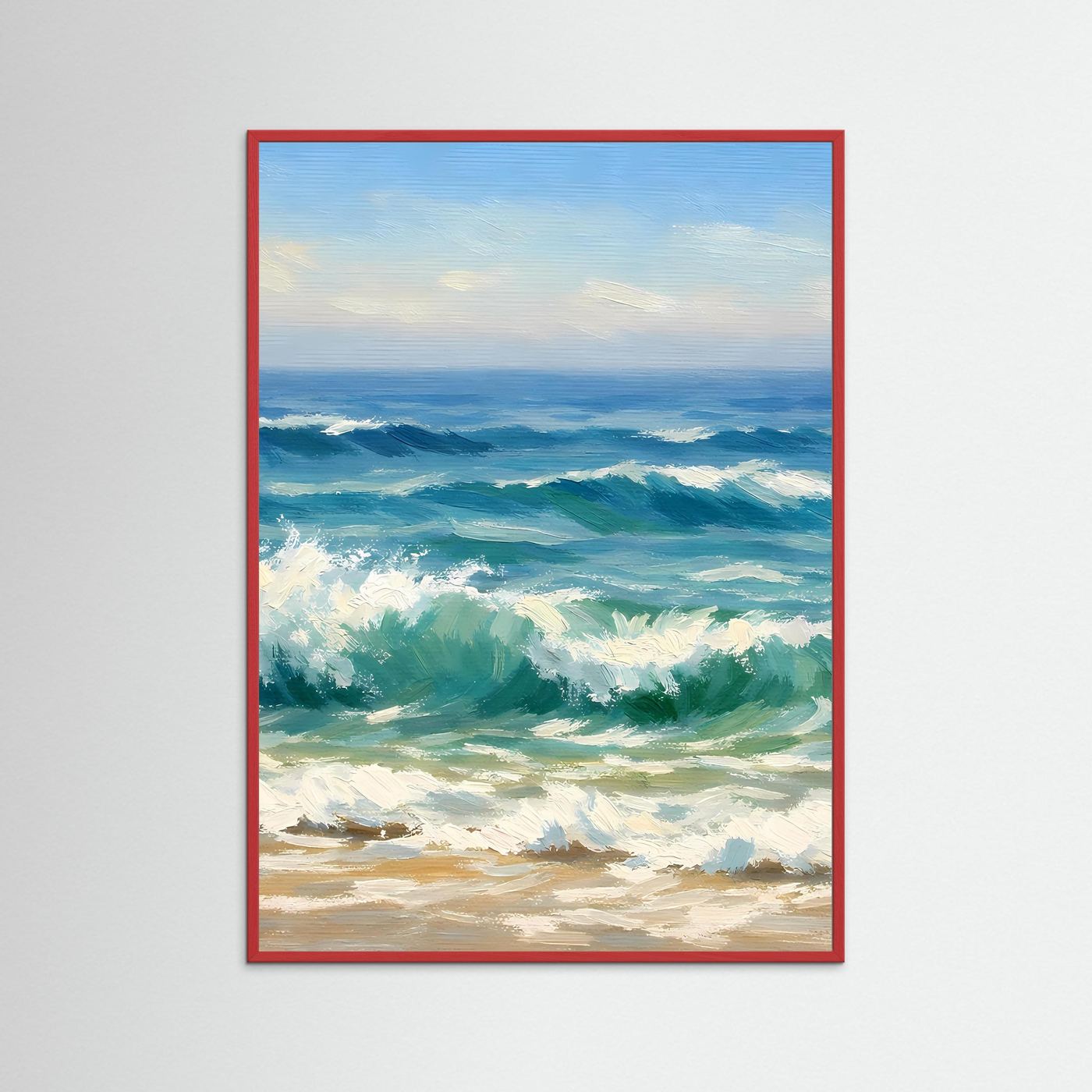 Wandposter mit Meereswellen, roter Holzrahmen