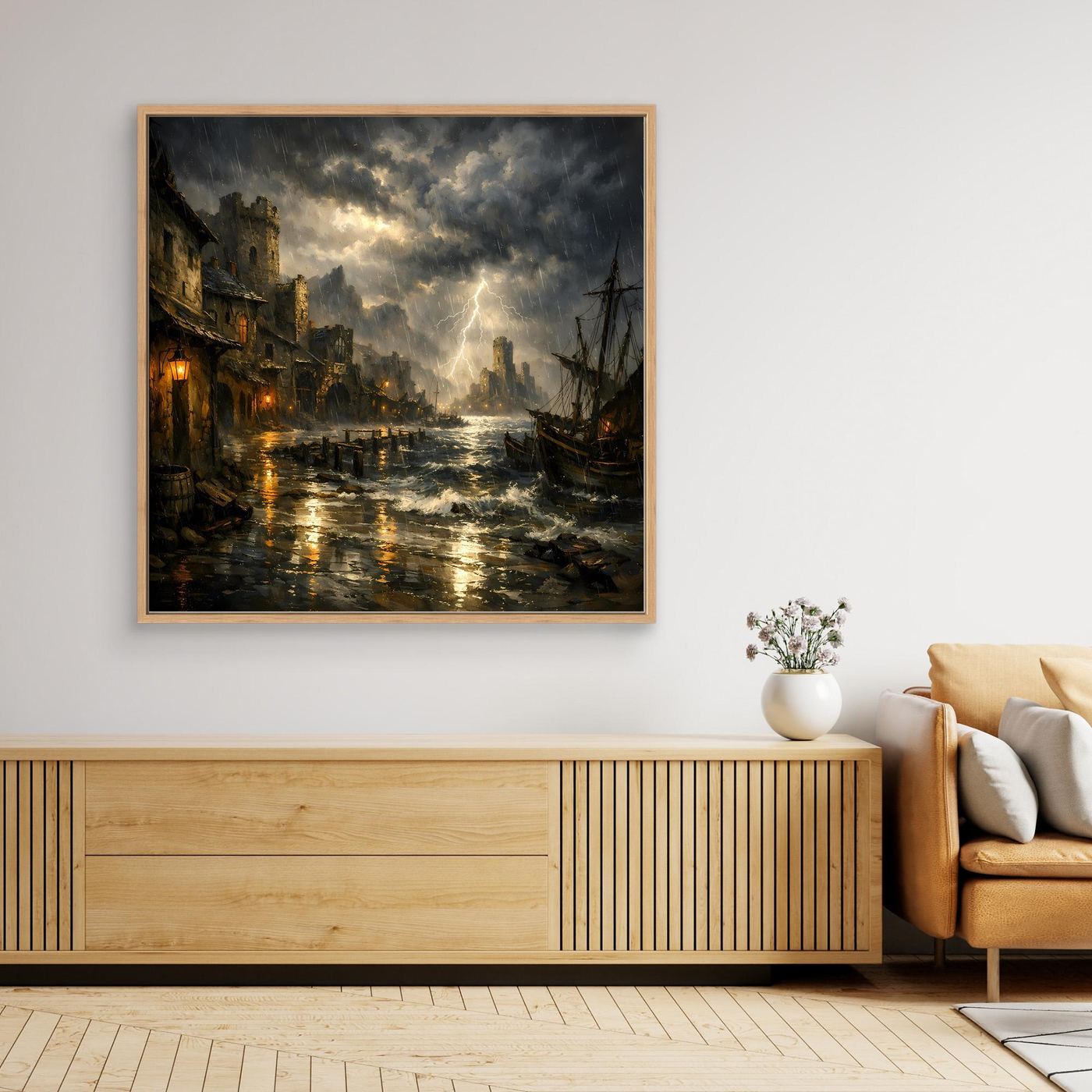 Leinwandbild mit hellem Holzrahmen: Gewitter über dem Hafen, Blitz über Wasser und Schiffe.
