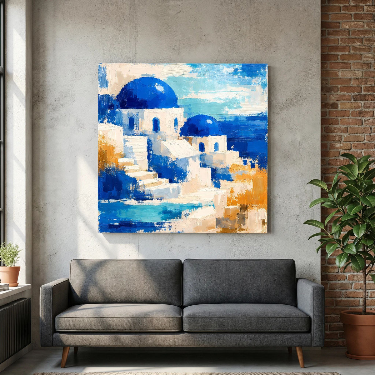 Abstraktes quadratisches Leinwand-Wandbild mit blauen Kuppeln, weißen Wänden und Orange-Spritzern