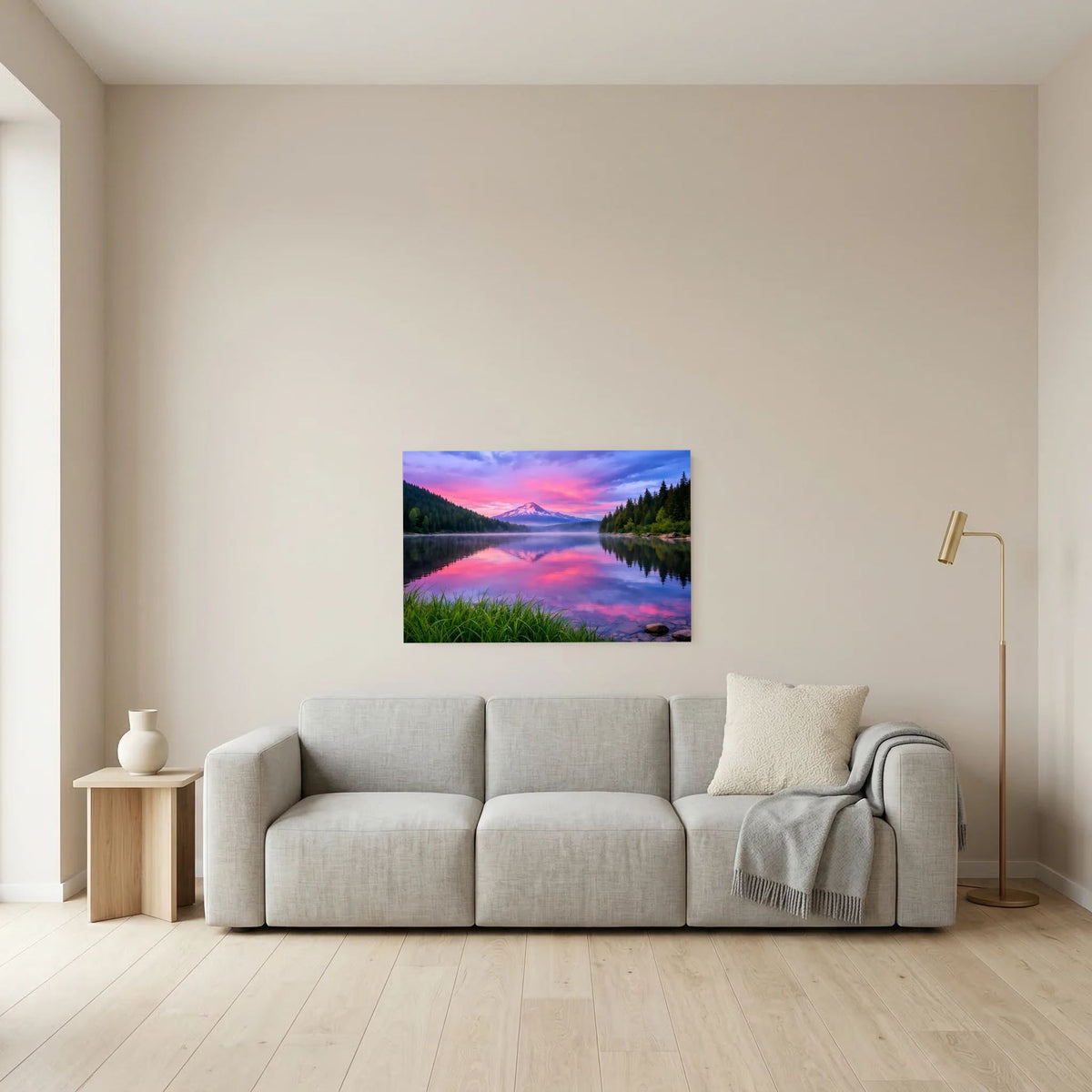 Querformat-Wandbild mit Bergsee, Sonnenuntergangsfarben und reflektierender Wasseroberfläche