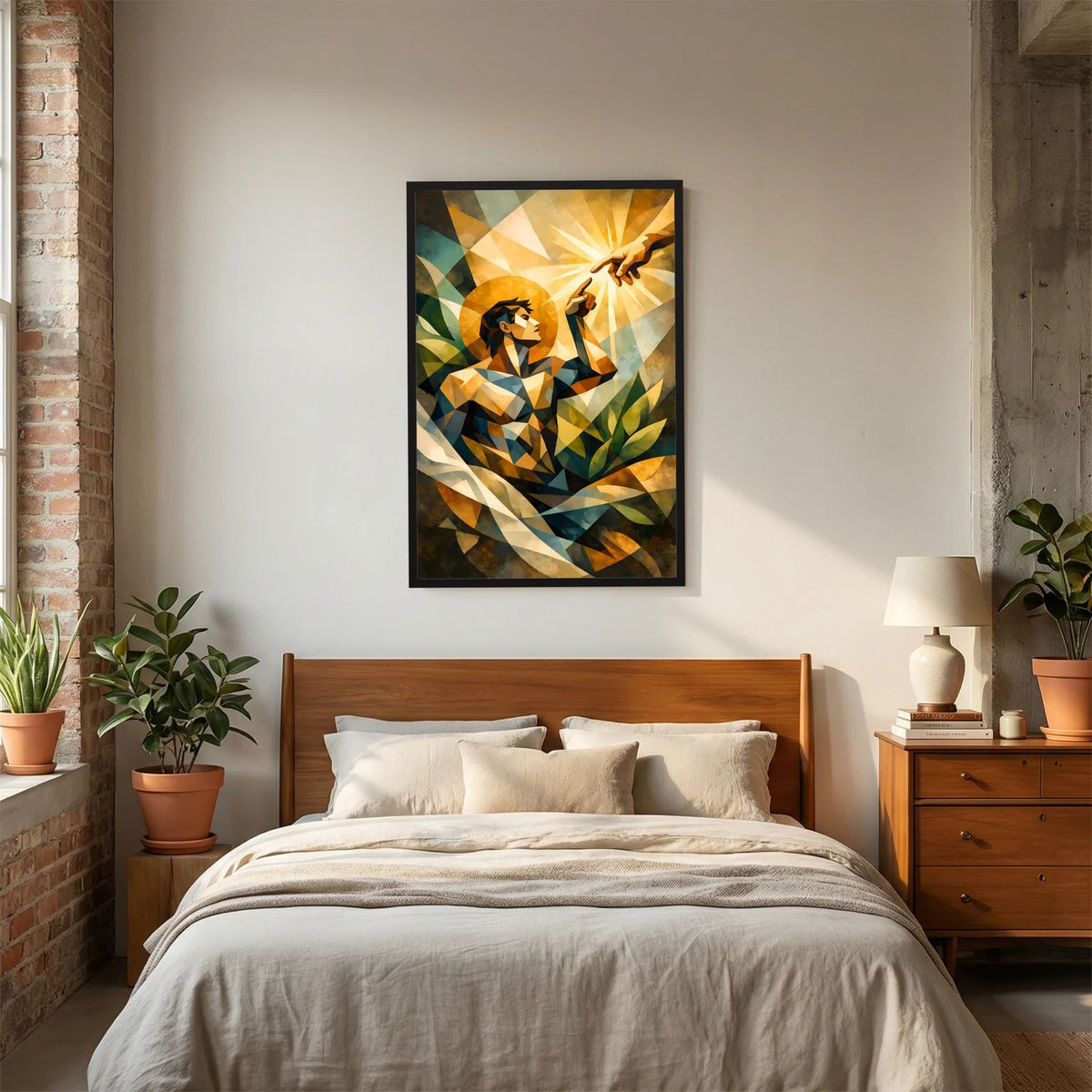 Gerahmtes Wandposter im Hochformat mit geometrischem Menschen, gold-grünen Formen, schwarz