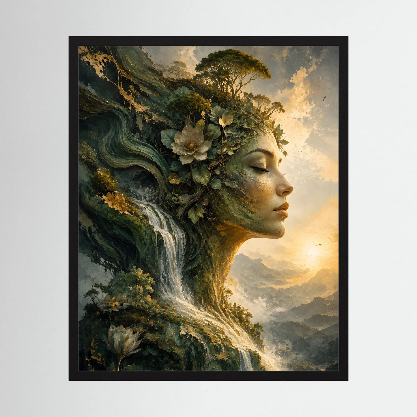 Hochformat-Wandposter im schwarzen Rahmen mit Frauenprofil, Wasserfall und Blütenkranz