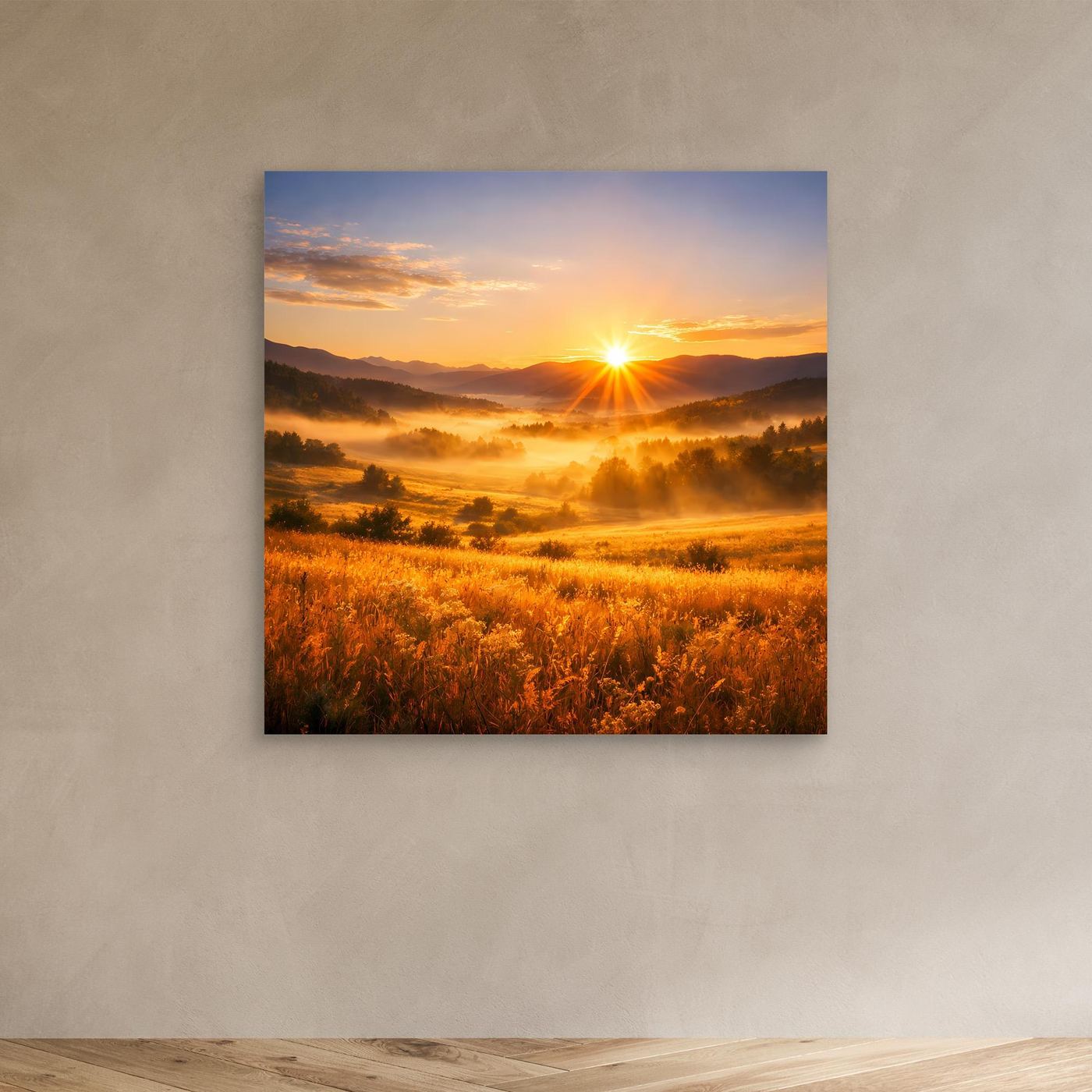 Leinwandbild ohne Rahmen: goldenes Morgenlicht über Bergtal, Wiesen im warmen Farbton.