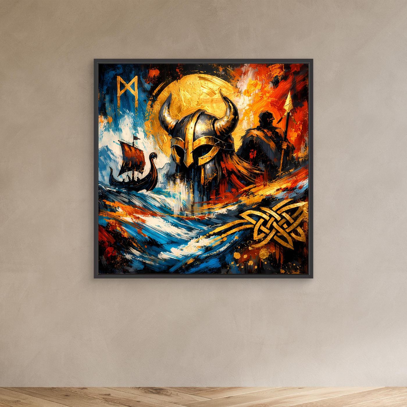 Abstraktes Leinwandbild mit Wikingerhelm und Runen im schwarzen Rahmen