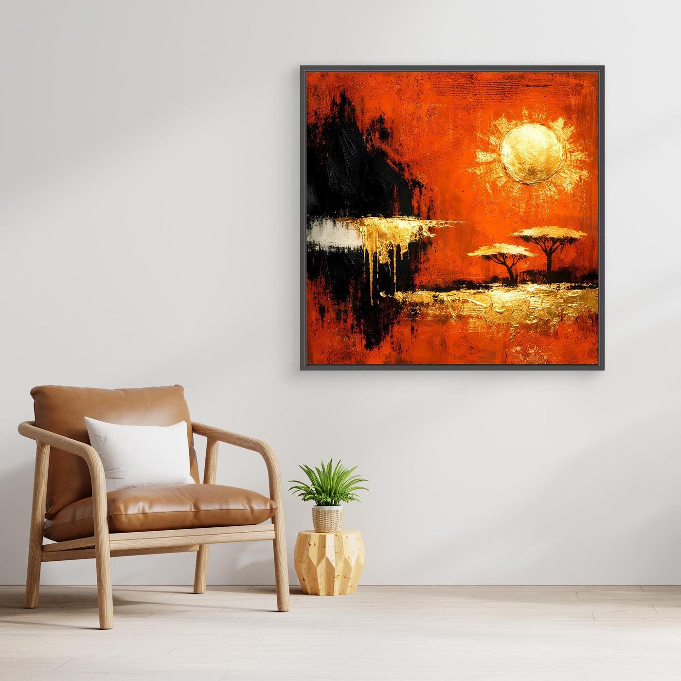 Leinwand Abstrakte Savanne bei Sonnenuntergang | Modernes Afrika Wandbild in Rot und Gold