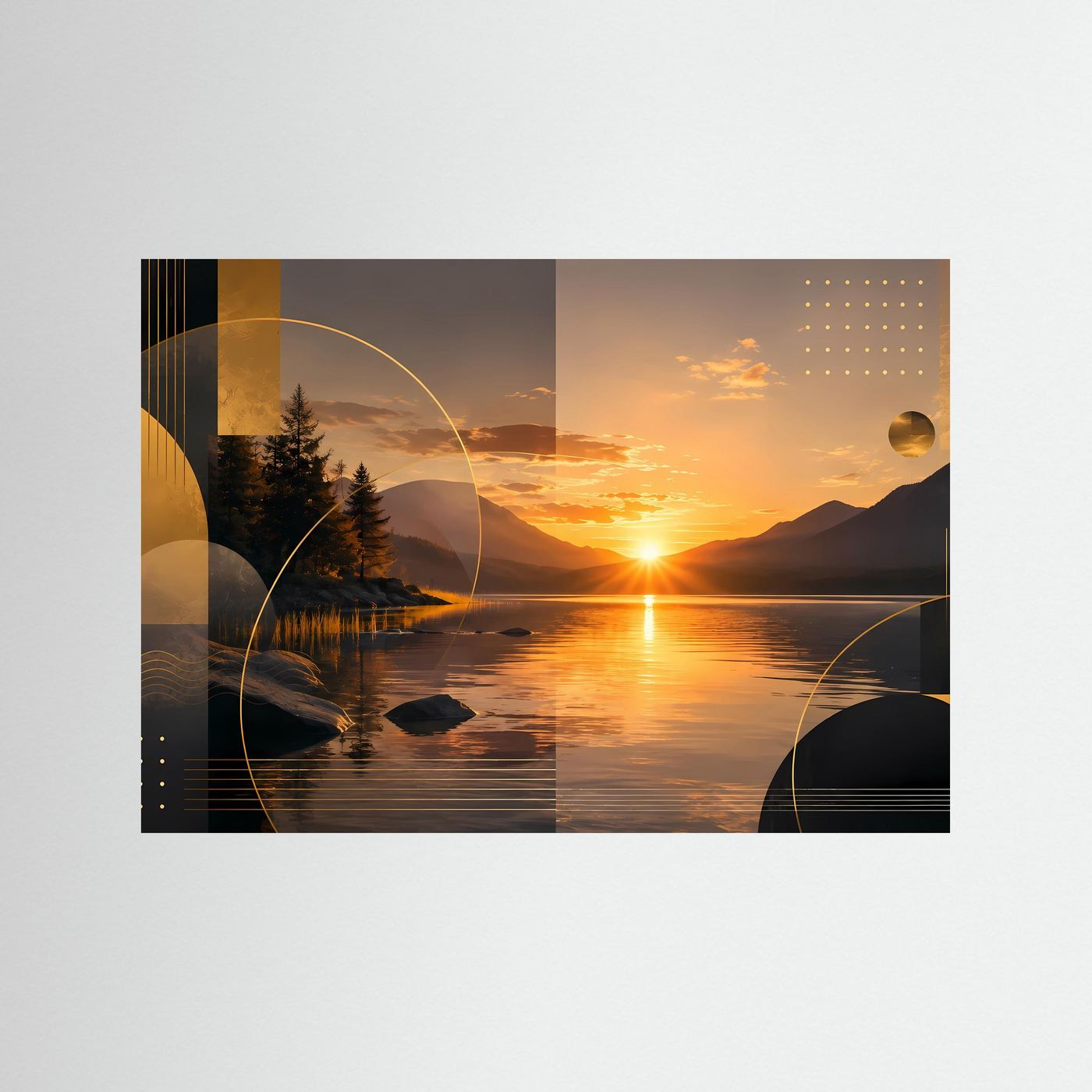 Querformat-Poster mit abstrakter Sonnenuntergangslandschaft in Schwarz und Gold