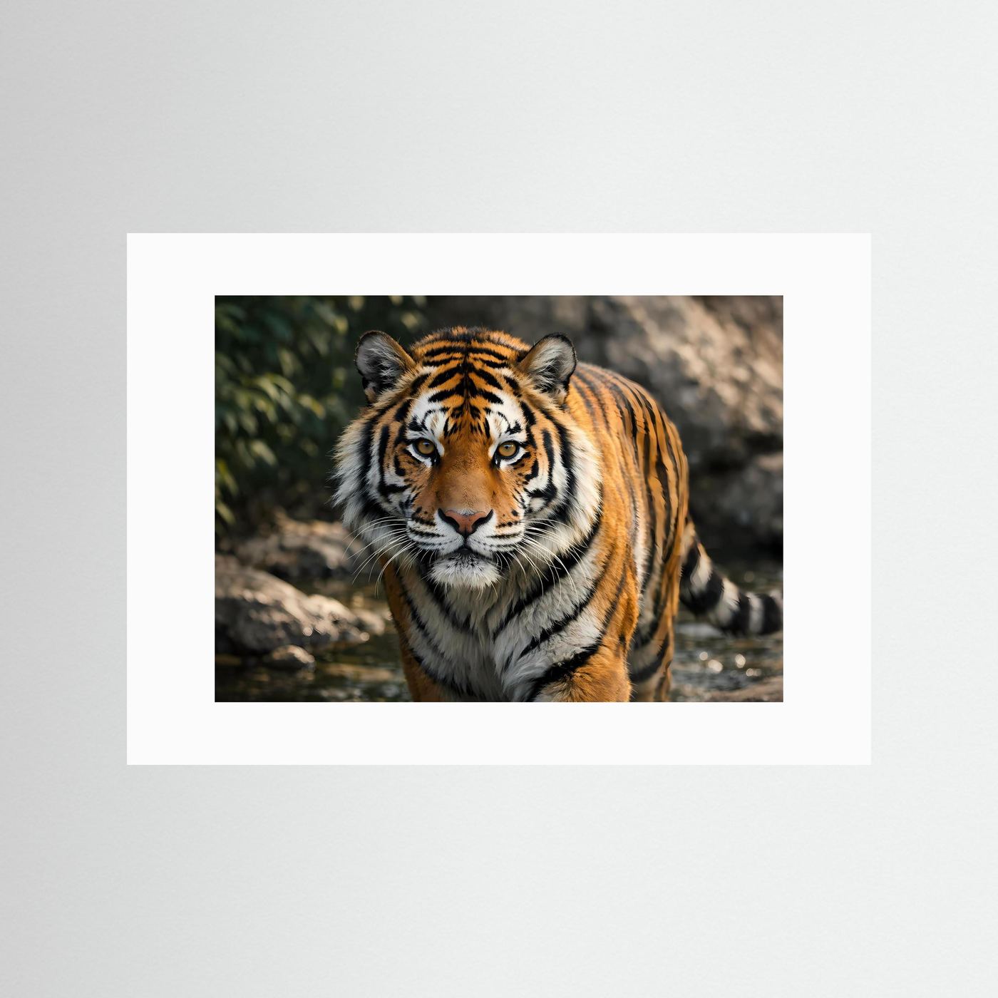 Querformat-Tigerposter mit orangebraunem Tiger im weißen Passepartout
