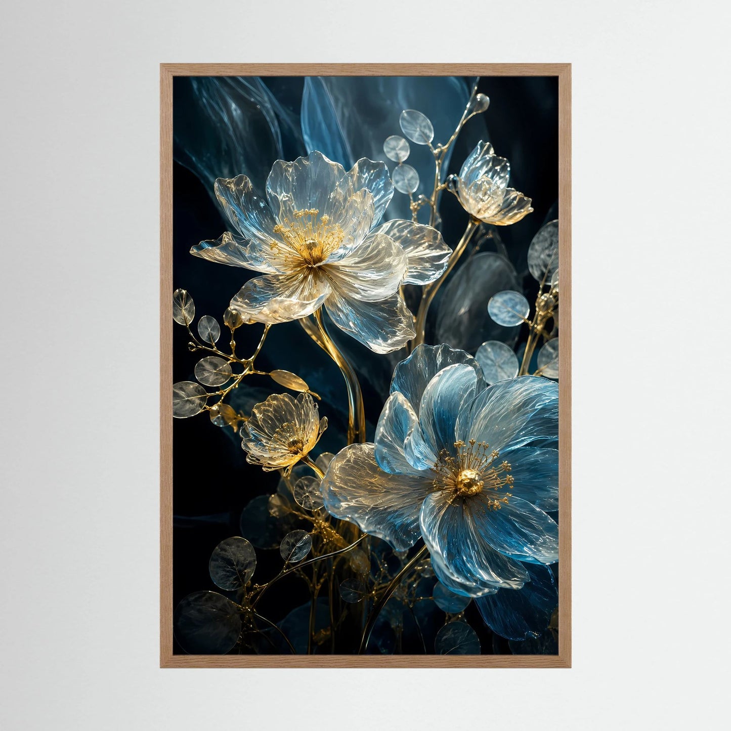 Poster mit blauen und goldenen Kristallblüten im hellen Holzrahmen auf dunklem Grund