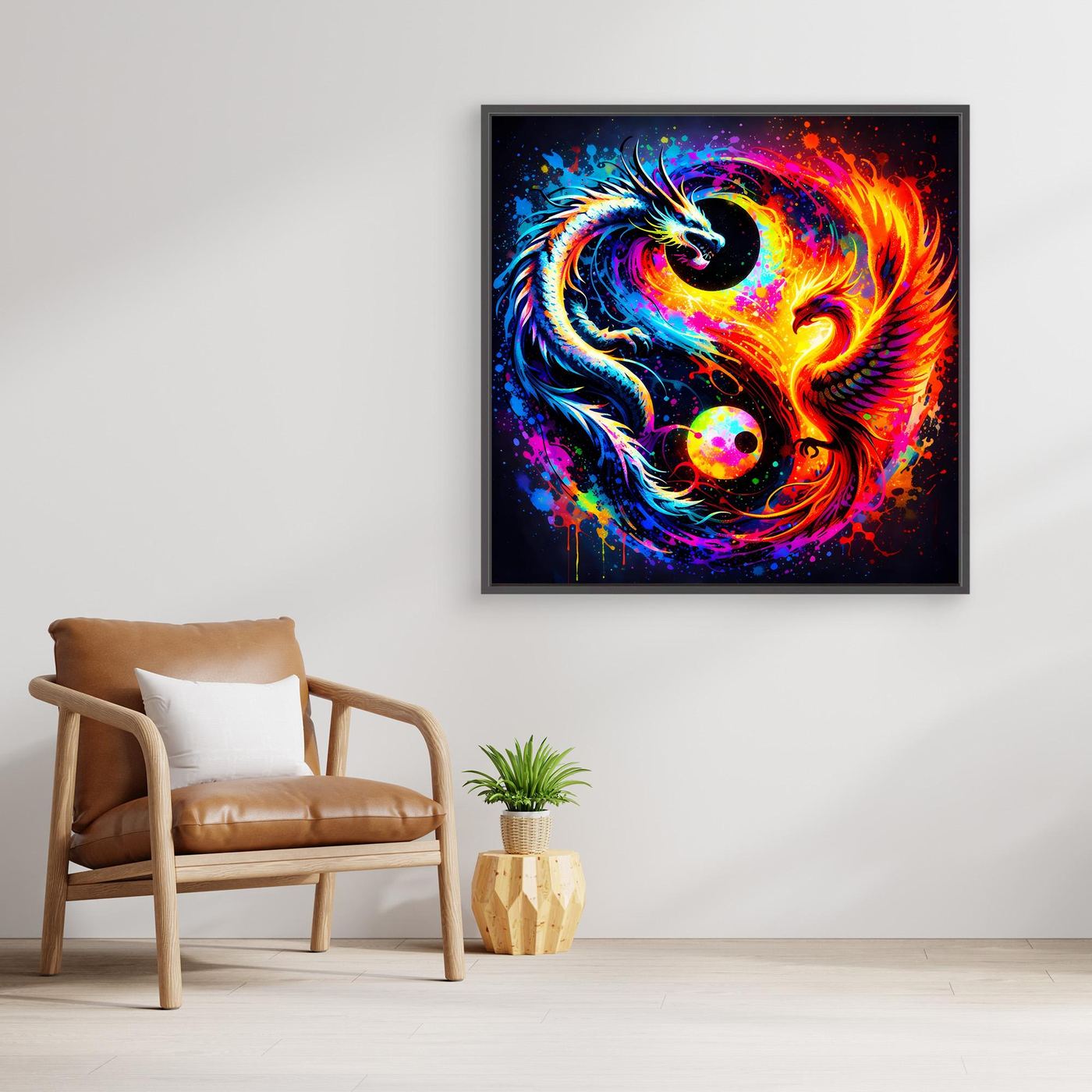 Leinwandbild mit Yin-Yang-Drachen und Phönix, bunt, schwarzer Rahmen