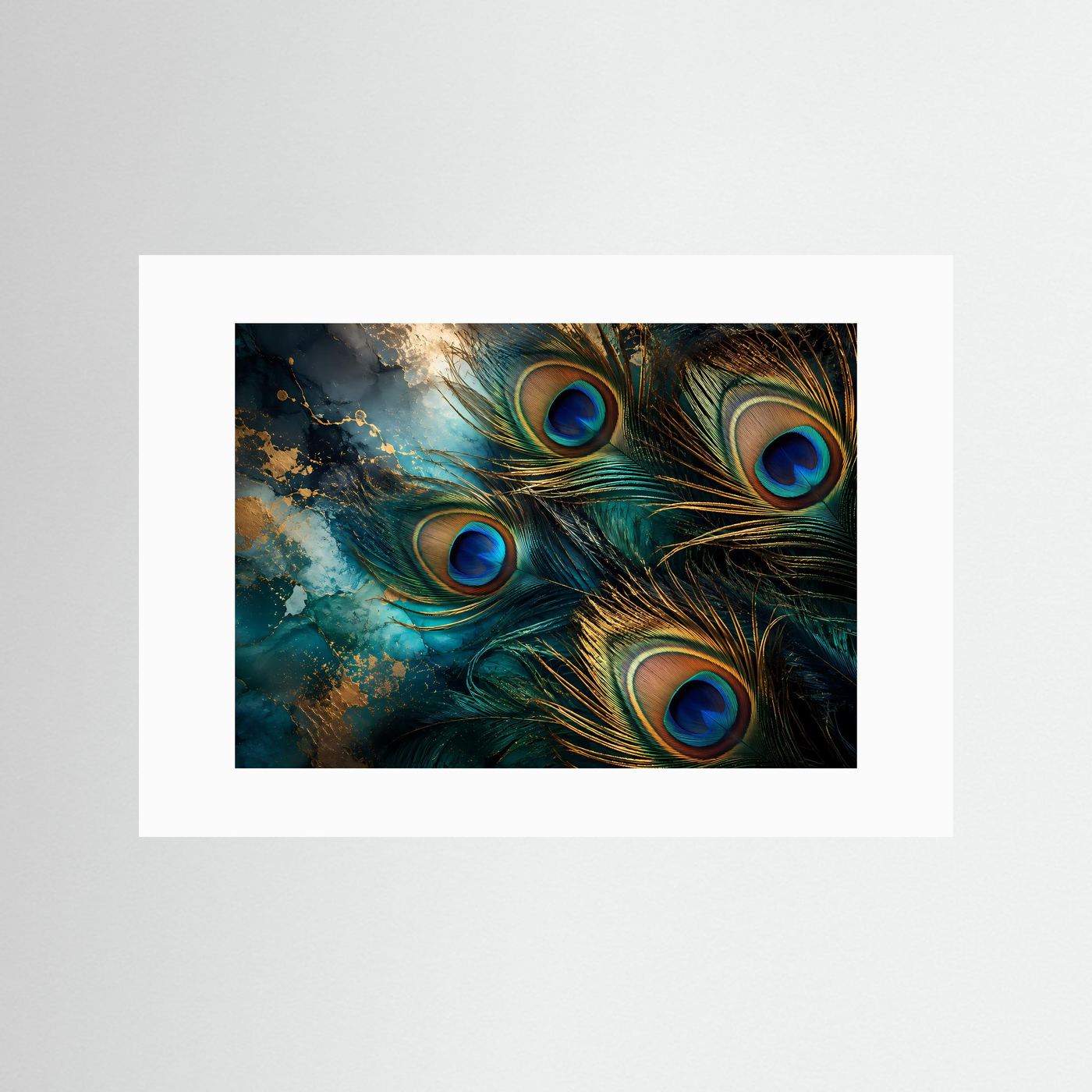 Pfauenfedern Poster | Elegante Pfauenfeder Wandkunst mit Goldakzenten | Luxuriöse Abstrakte Naturkunst | Türkis Blau Gold | Premium Leinwand & Wall Art