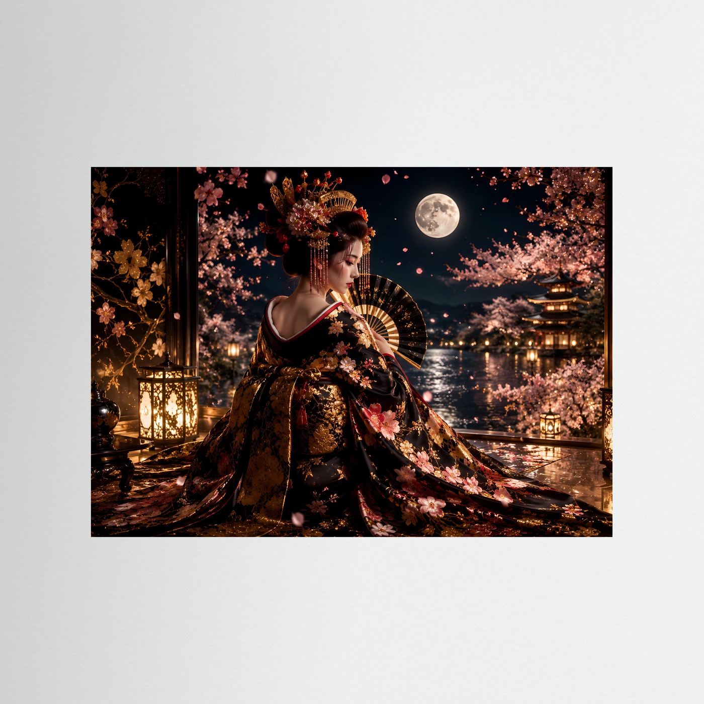 Elegante Geisha unter Kirschblüten | Japanische Kunst & Mondschein Poster Querformat