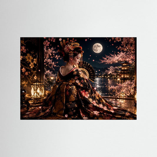 Japanisches Kunstposter mit Geisha im dunklen Kimono und Fächer bei Mondnacht, Kirschblüten