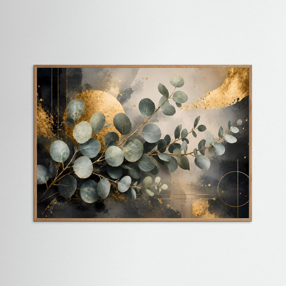 Eukalyptus-Botanikposter im Querformat, schwarz-gold, mit hellem Holzrahmen