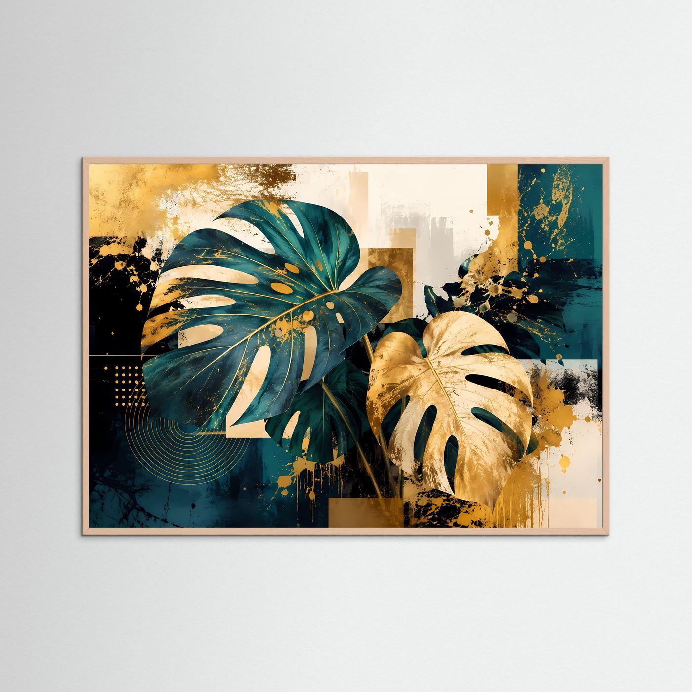 Goldene Monstera-Blätter in Petrol & Ocker | Modernes Abstract-Art Poster Querformat