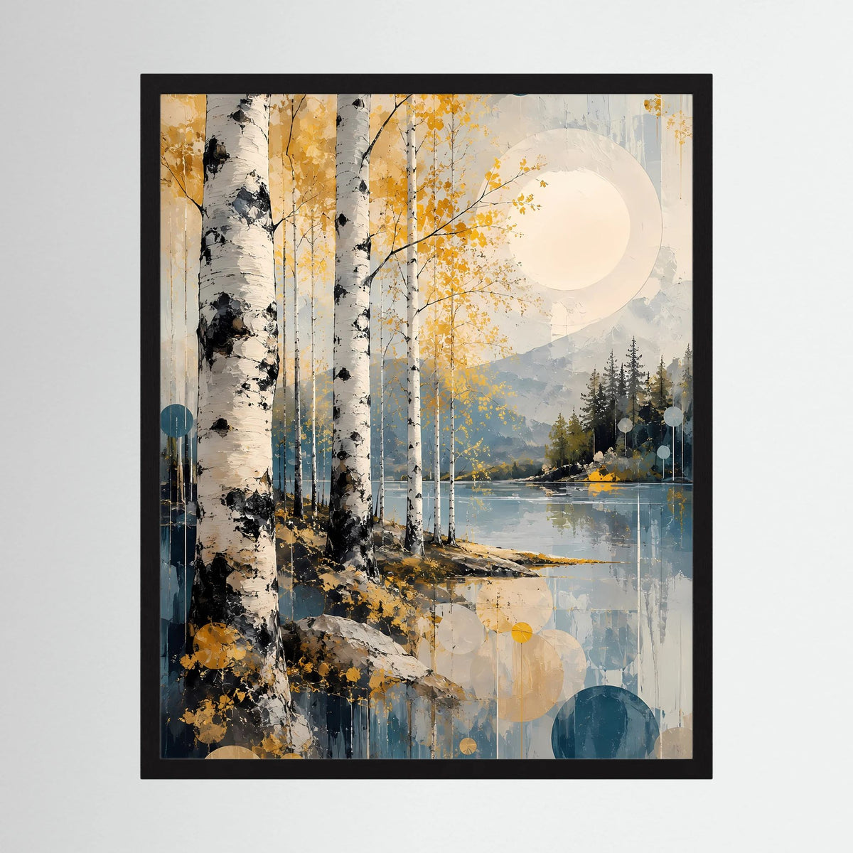 Poster im Hochformat mit schwarzem Rahmen: Birkenwald am See, abstrakte Gold- und Blautöne