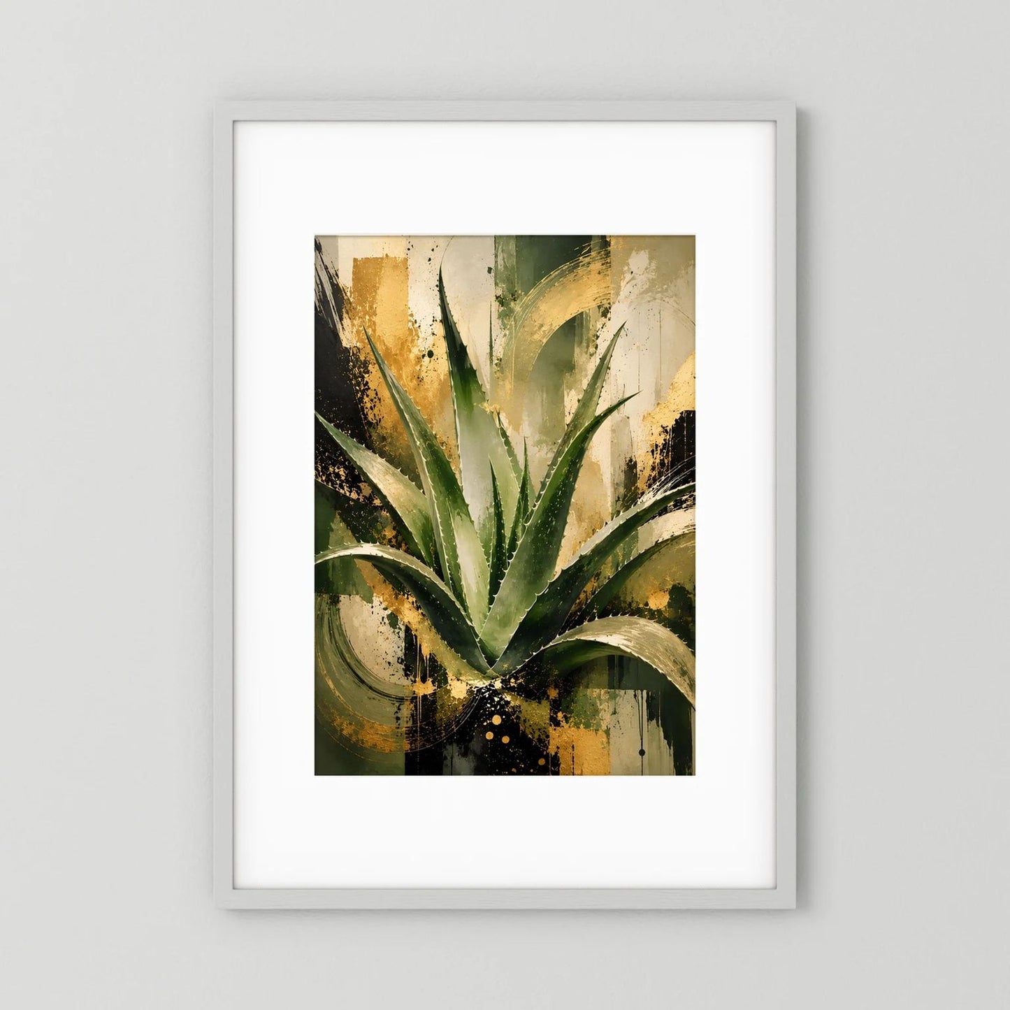 Hochformatiges Poster mit abstrakter Aloe in Grün und Gold, gerahmt in Weiß