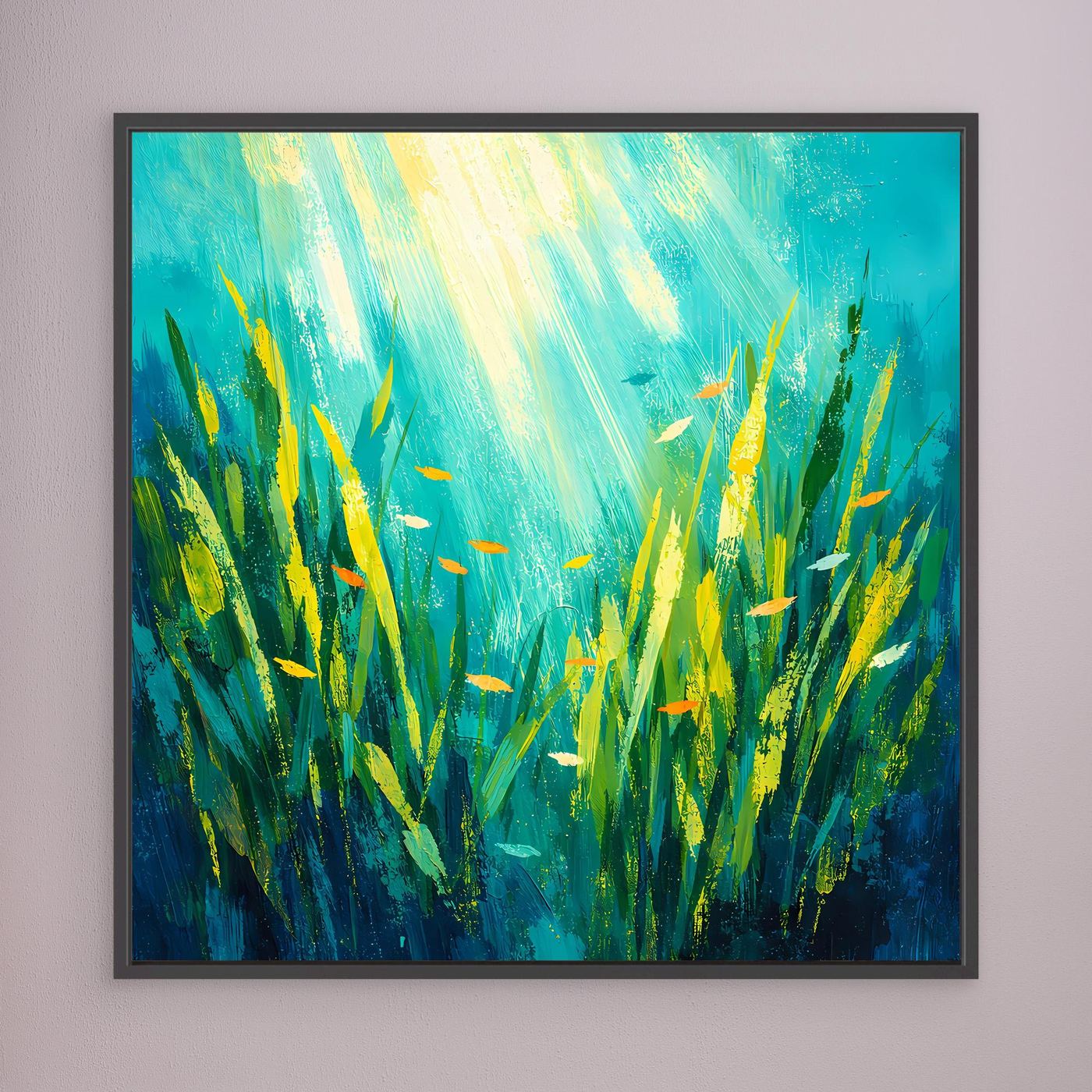 Leinwand Lichtdurchfluteter Algenwald unter Wasser | Abstraktes Ozean Wandbild