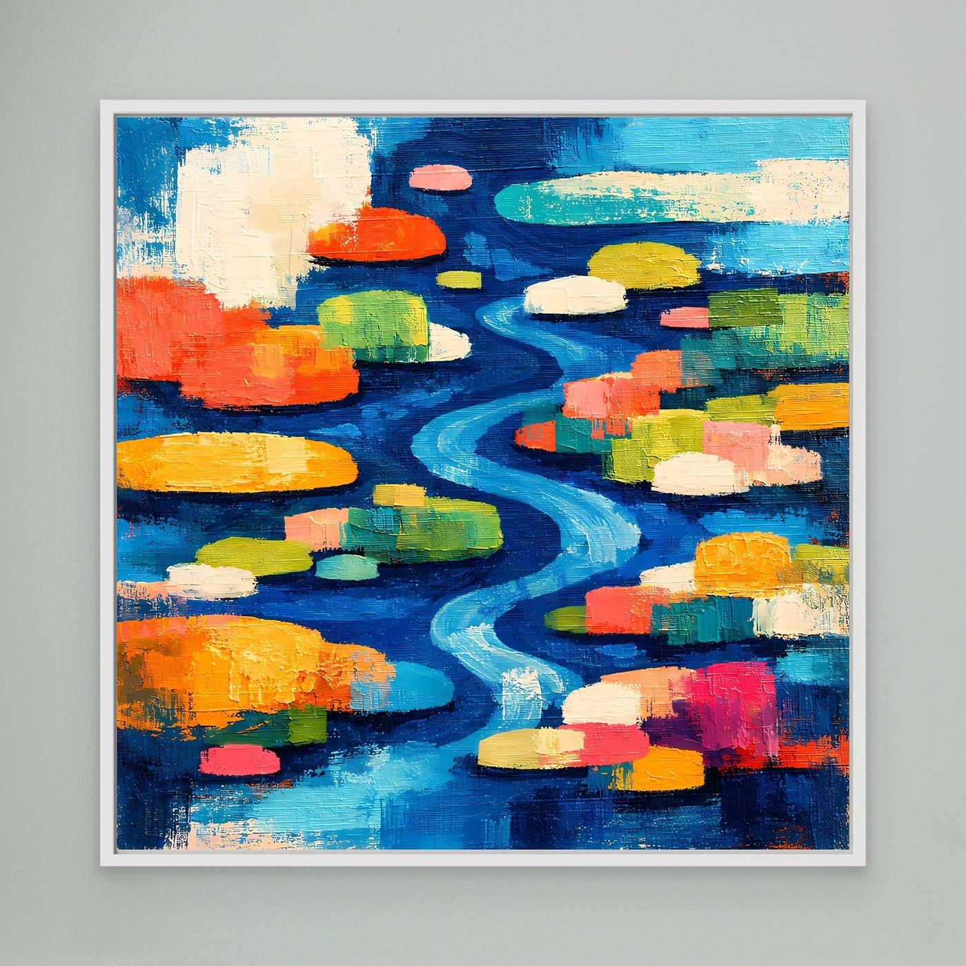 Abstraktes Leinwand-Wandbild mit farbigen Seerosen und blauem Flusslauf, im weißen Rahmen
