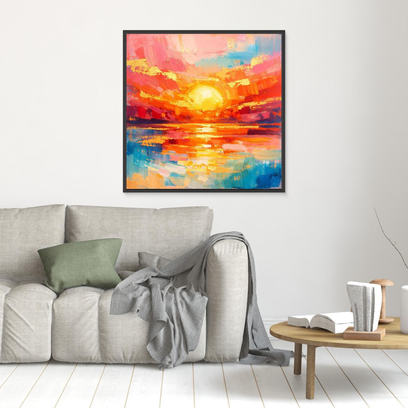 Leinwandbild abstraktes Meer mit Sonne, leuchtende Farben und Wasserstreifen, schwarzer Rahmen