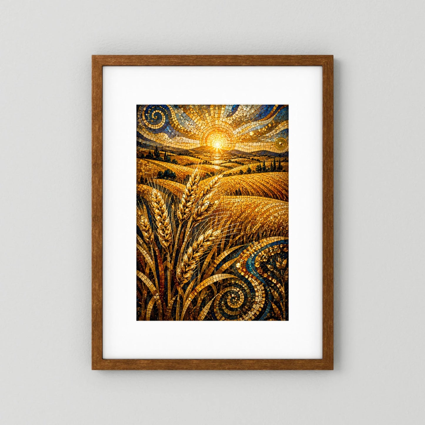 Hochformatiges Poster mit goldenen Ähren im Mosaikstil, brauner Holzrahmen