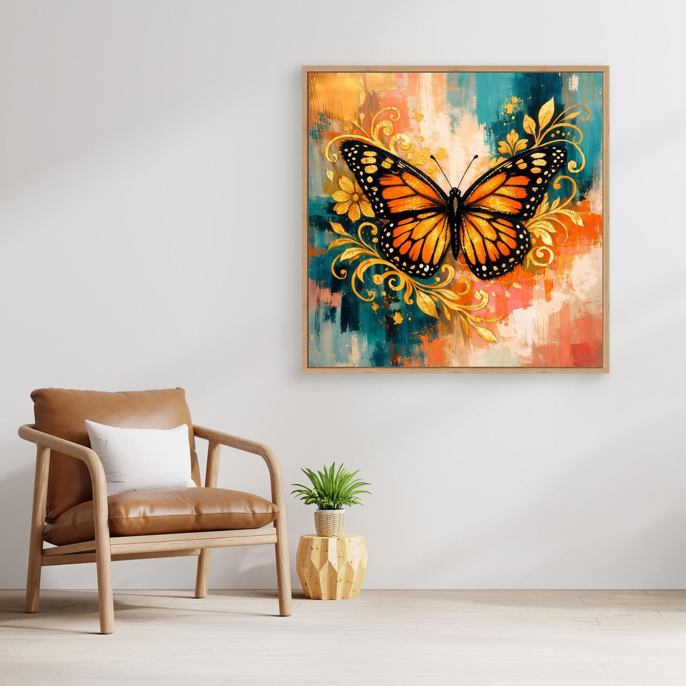 Leinwand-Wandbild mit Monarchfalter in Orange und Blau, goldene Ornamentlinien im Rahmen