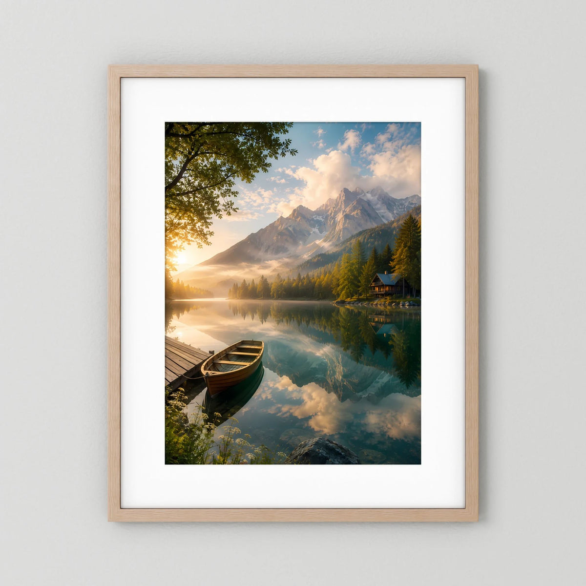 Kunstposter mit Bergsee und Holzboot, heller Holzrahmen