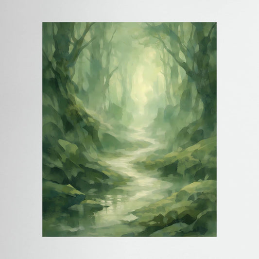 Wandposter mit grünem Waldnebel, Pflanzen und Bachlauf im Hochformat