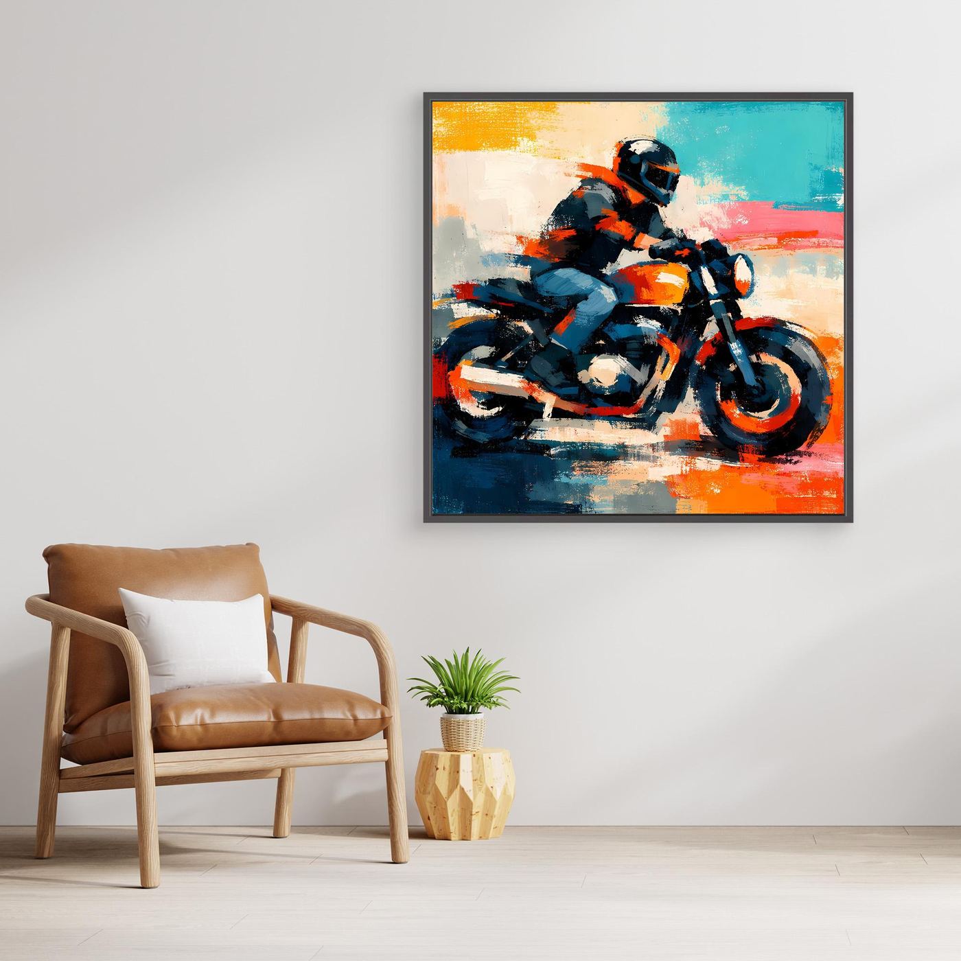 Framed abstract motorcycle wall art with dark bike, orange accents, and teal brushwork