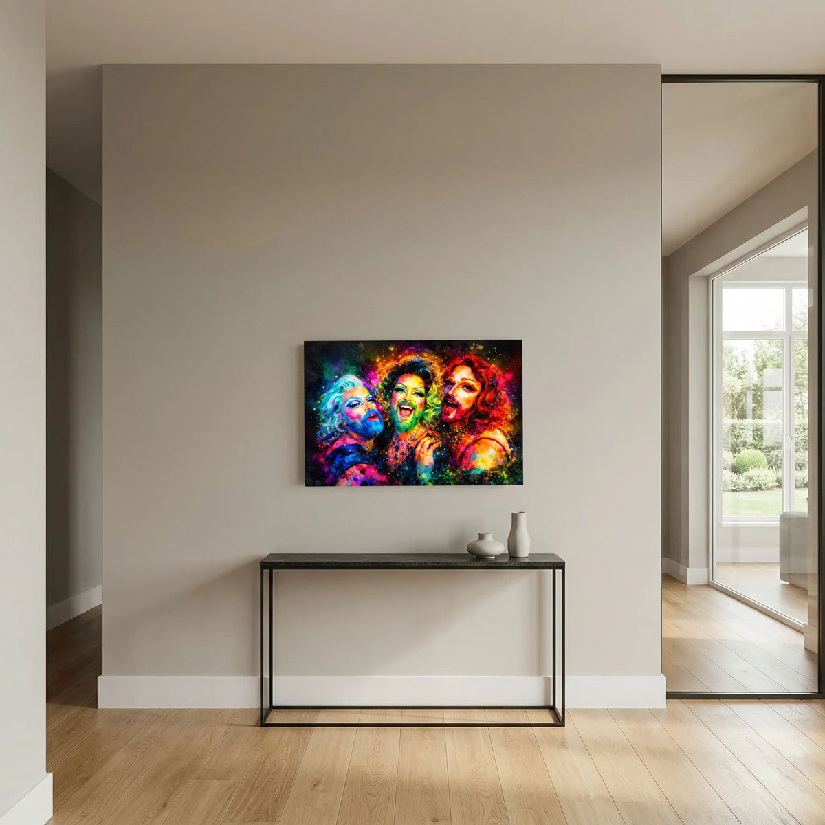 Poster mit farbintensiver Porträtkunst: drei Gesichter von Drag-Queens, dynamische Farben